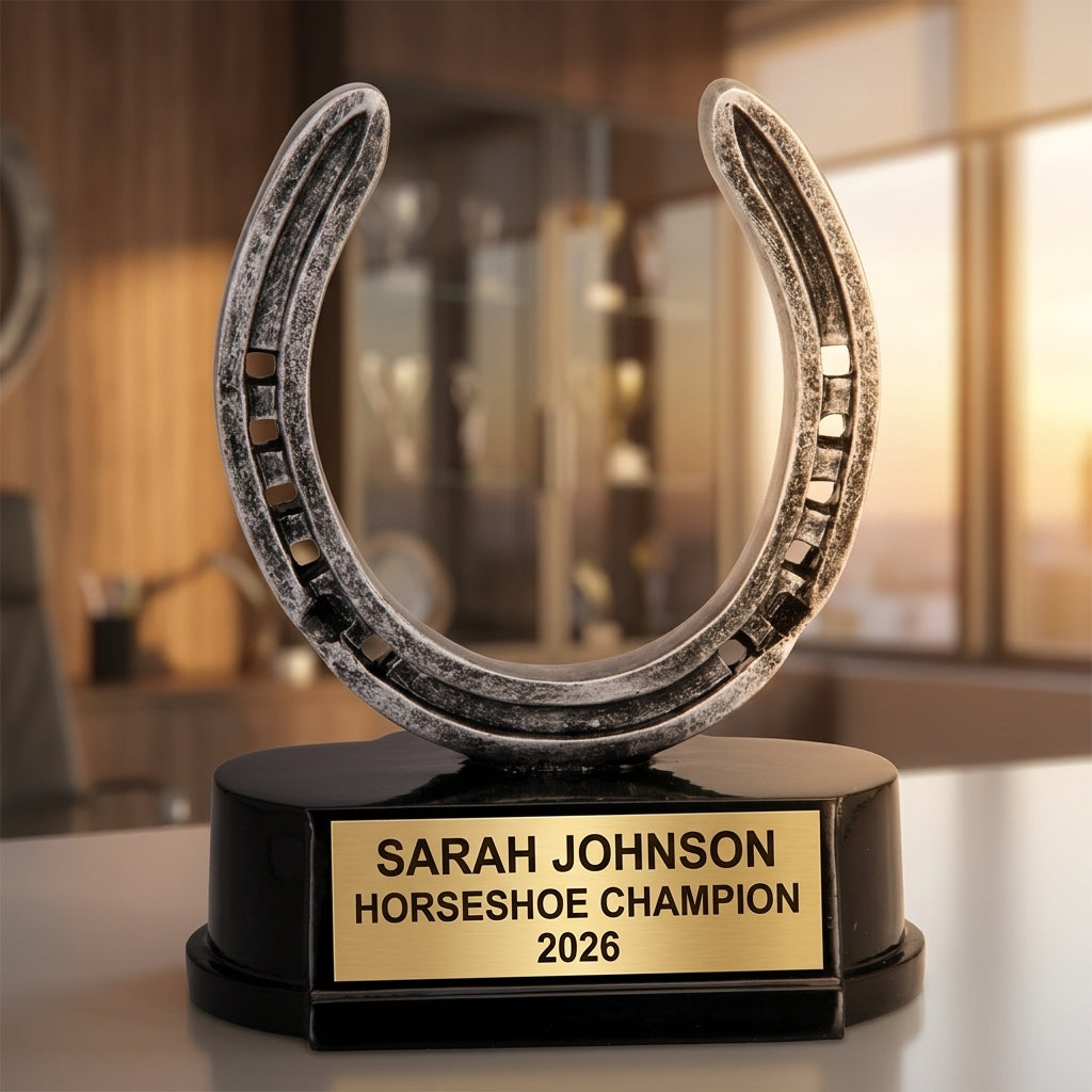 Close-up of laser-engraved gold nameplate on personalized horseshoe trophy showing custom name, achievement, and year