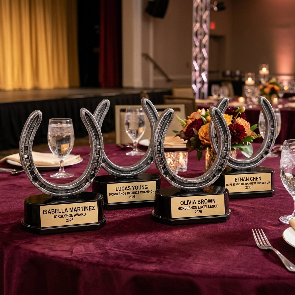 Customer reviews for Wood Unlimited personalized horseshoe trophies with 5-star ratings and trust badges