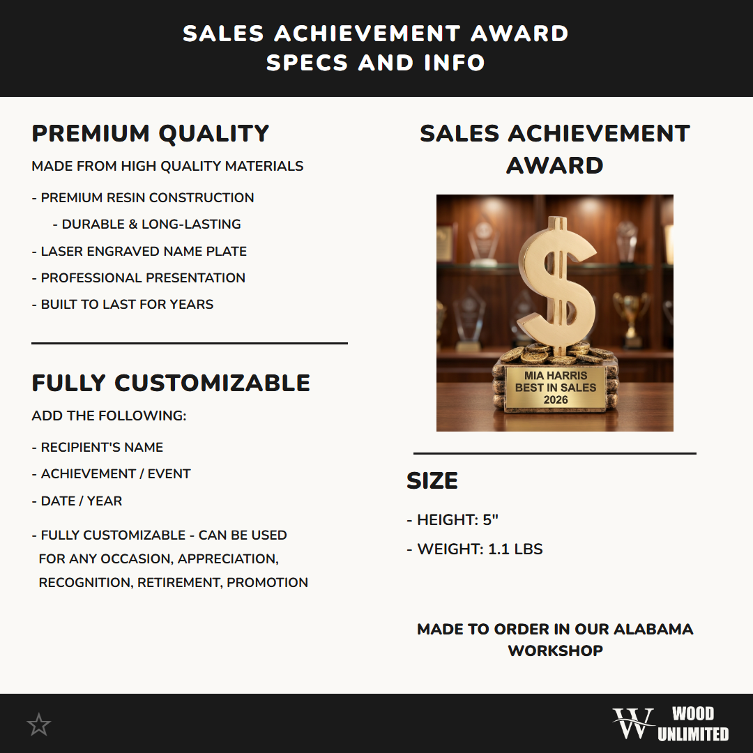 Personalized Sales Recognition Award - Custom Laser Engraved Gold Dollar Sign Resin Trophy