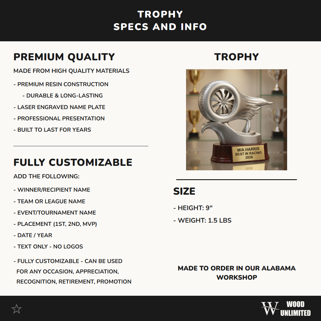 Personalized | Racing Award | Custom Engraved | Car | Trophy | Award | Custom | Engraved | Motorsports | Driver | Speed | Wheel