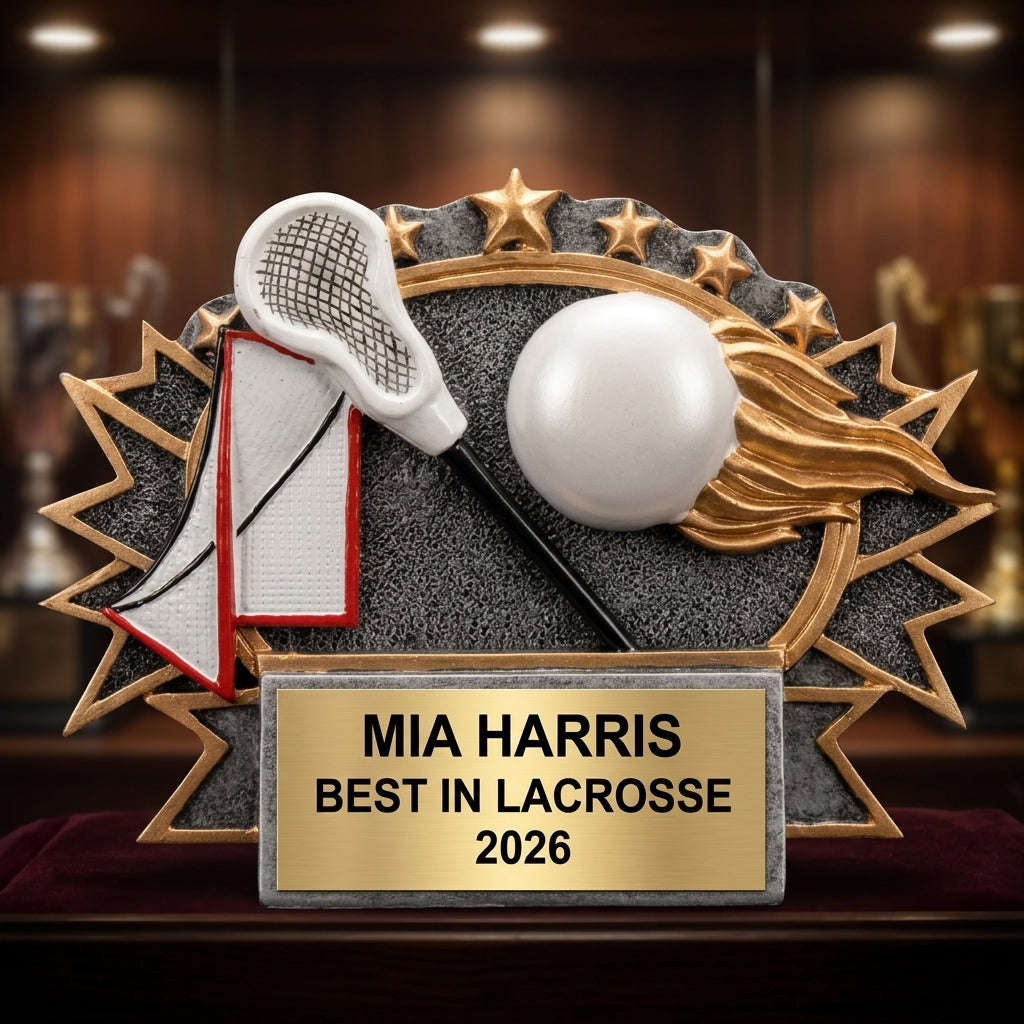 Lacrosse Trophy Award | Personalized | Custom Engraved | Lacrosse MVP | Gold Name Plate | Wood Unlimited - View 1