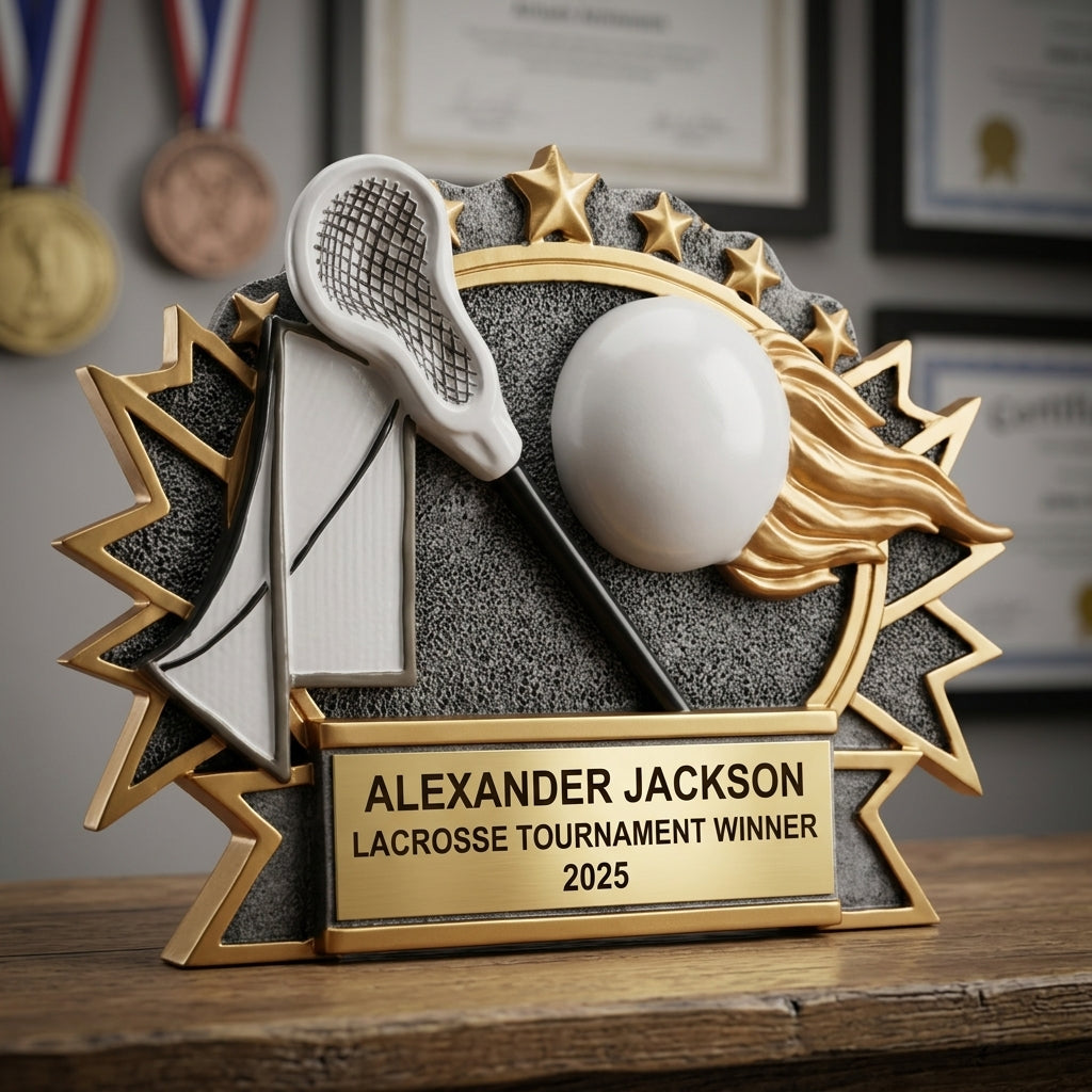 Lacrosse Trophy Award | Personalized | Custom Engraved | Lacrosse MVP | Gold Name Plate | Wood Unlimited - View 3