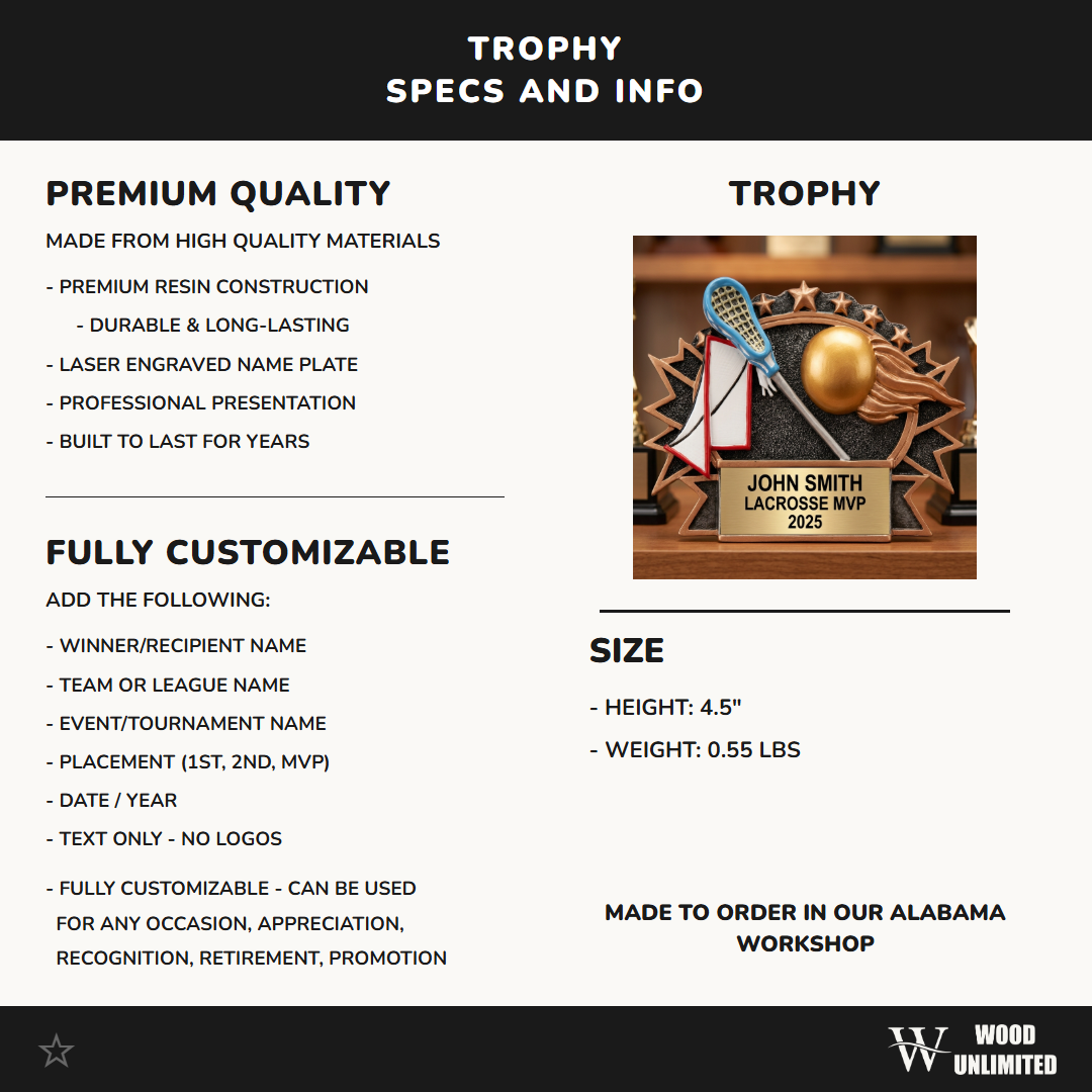 Lacrosse Award - Personalized Lacrosse Trophy - Custom Engraved Name Plate - Lacrosse Gifts