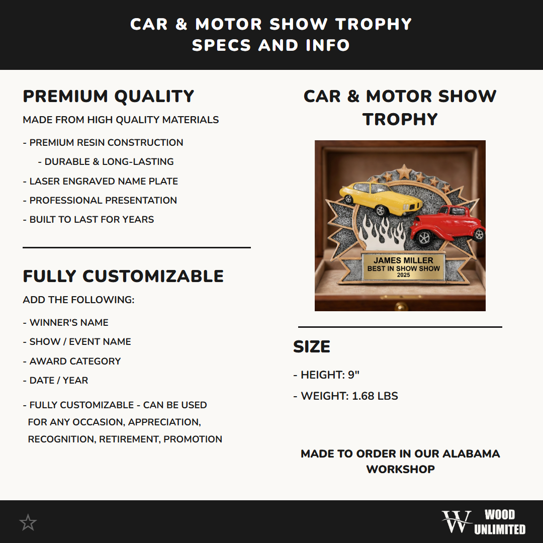 Personalized Car Motor Show Trophy - Custom Laser Engraved Recognition Award