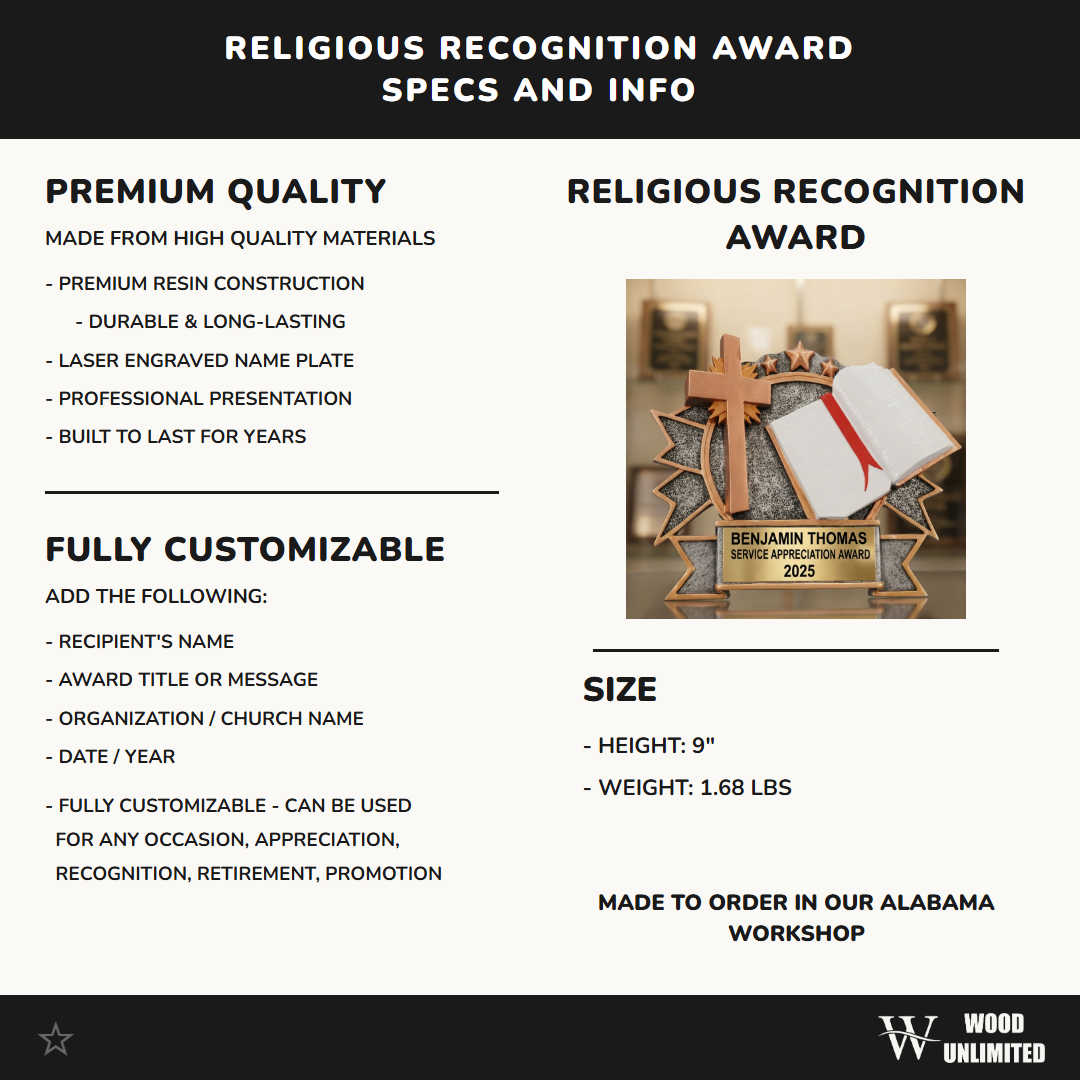 Personalized | Religious Award | Custom Engraved | Christian | Faith | Cross | Bible | Award | Trophy | Engraved | Church | Volunteer