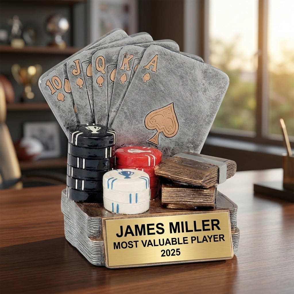 Personalized Poker Cards Achievement Trophy - Custom Laser Engraved Resin Award - Recognition Gift for Poker Players