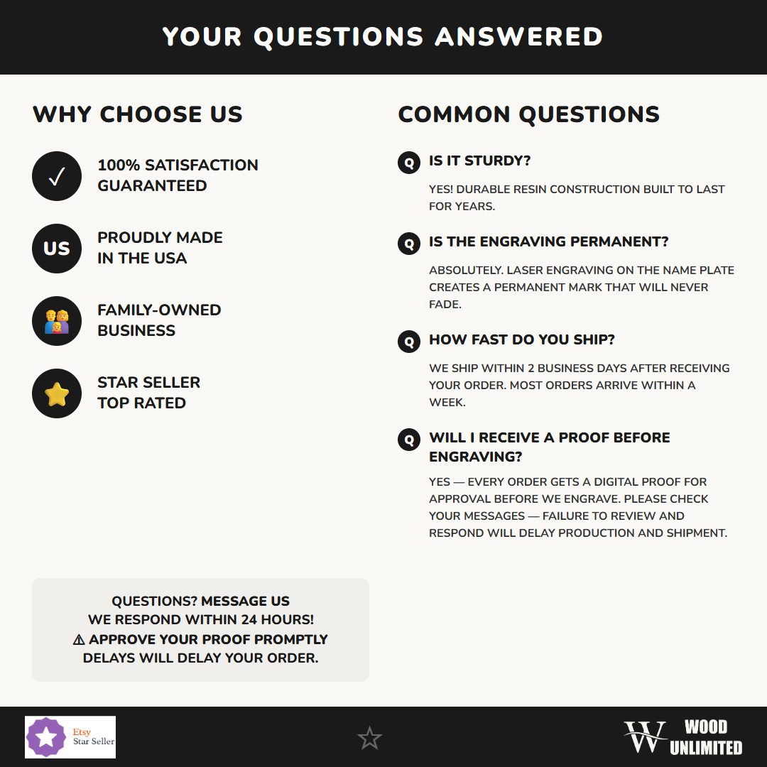 Why Choose Wood Unlimited — satisfaction guaranteed, permanent laser engraving, fast shipping