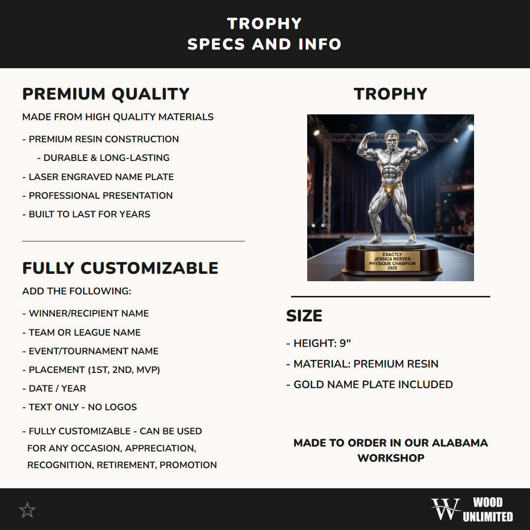 Bodybuilding Sports Trophy | Personalized Award | Custom Engraved | Male Bodybuilder | Weightlifting Gift | Competition Trophy