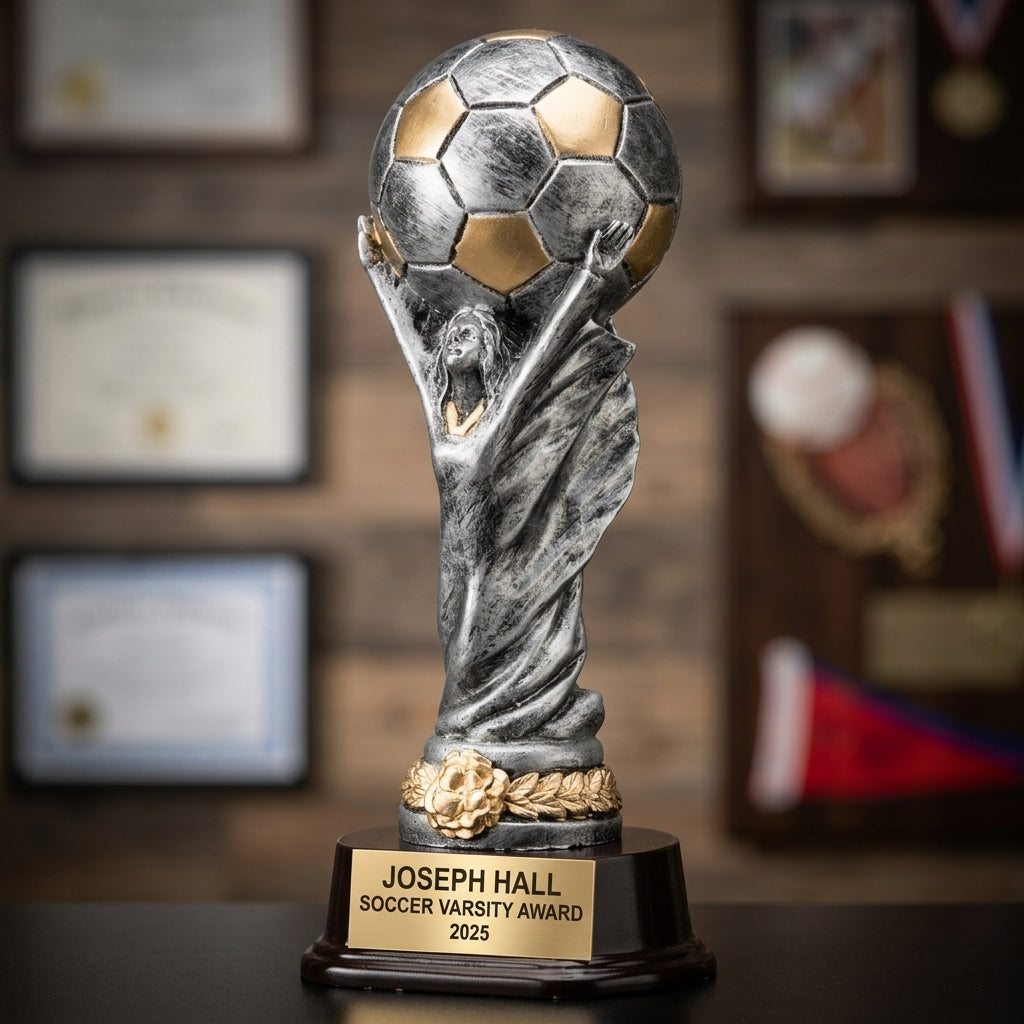 Soccer Award Trophy | Personalized | Custom Engraved | World Cup Style | Soccer Gift | MVP Award | Tournament Champion - View 3