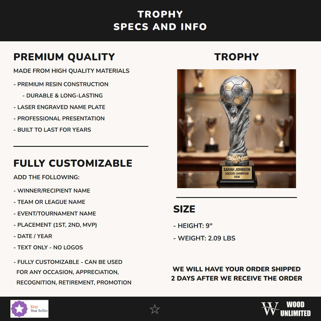 Soccer Award Trophy | Personalized | Custom Engraved | World Cup Style | Soccer Gift | MVP Award | Tournament Champion