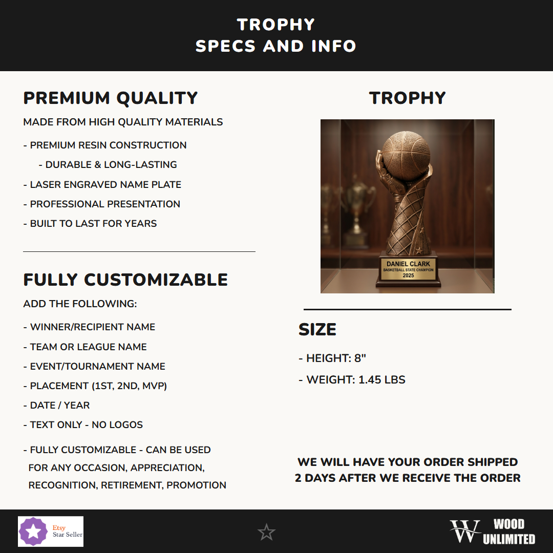 Personalized | Basketball Award product photo showing custom personalization, ideal for basketball trophy and laser engraved shoppers