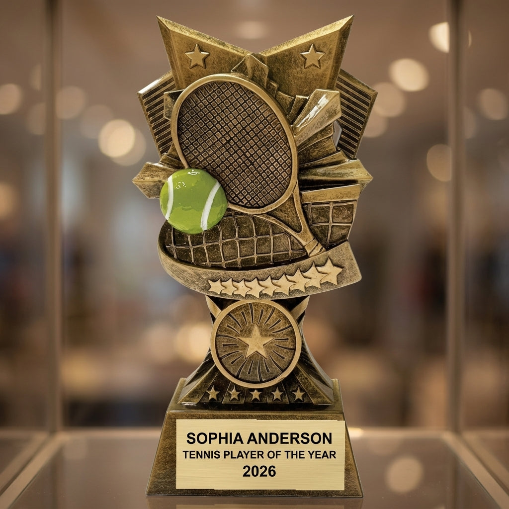 Personalized 6-inch tennis trophy with custom laser-engraved gold nameplate on weighted base for awards and recognition