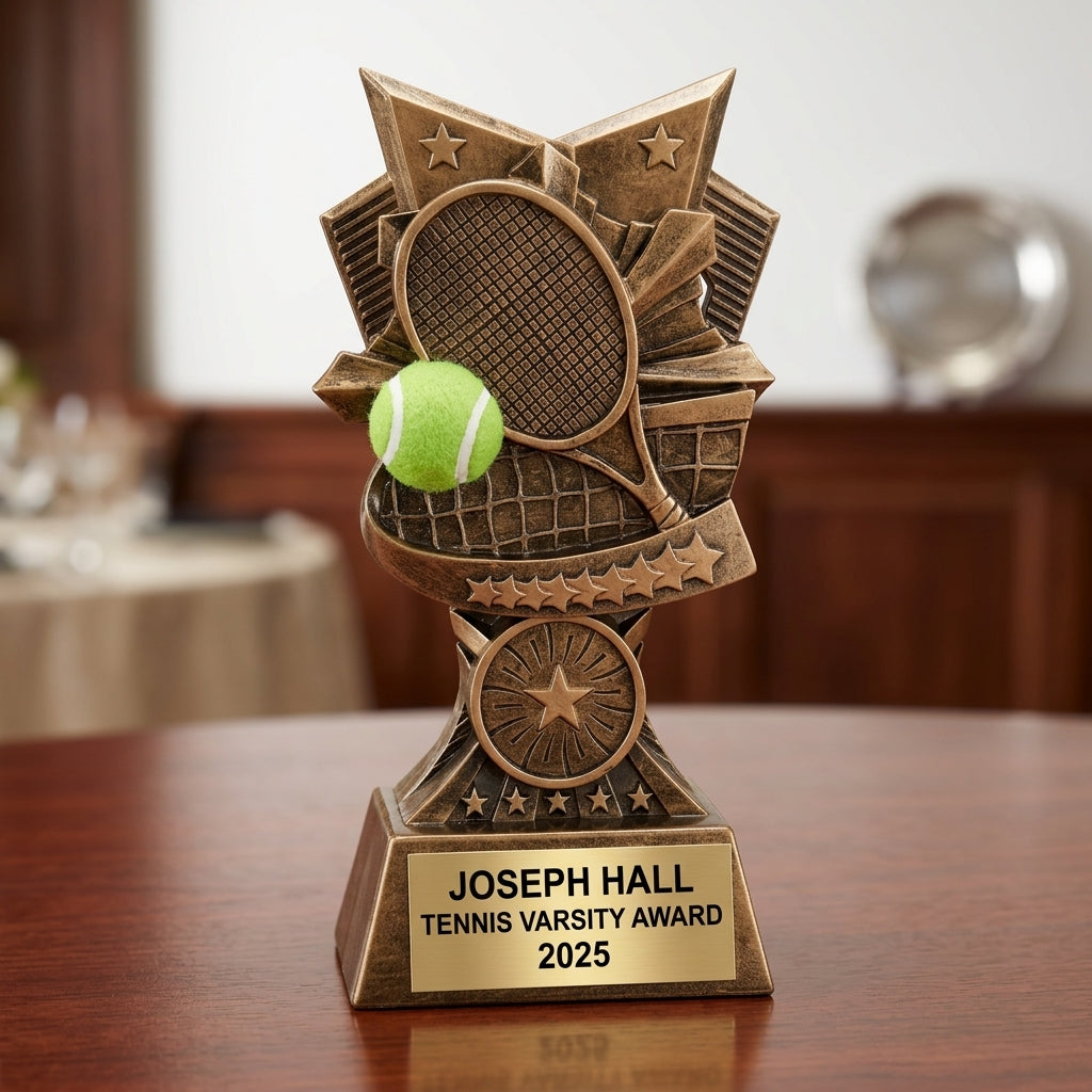 Tennis trophy specifications showing 6-inch height, gold finish, resin construction, and personalization options