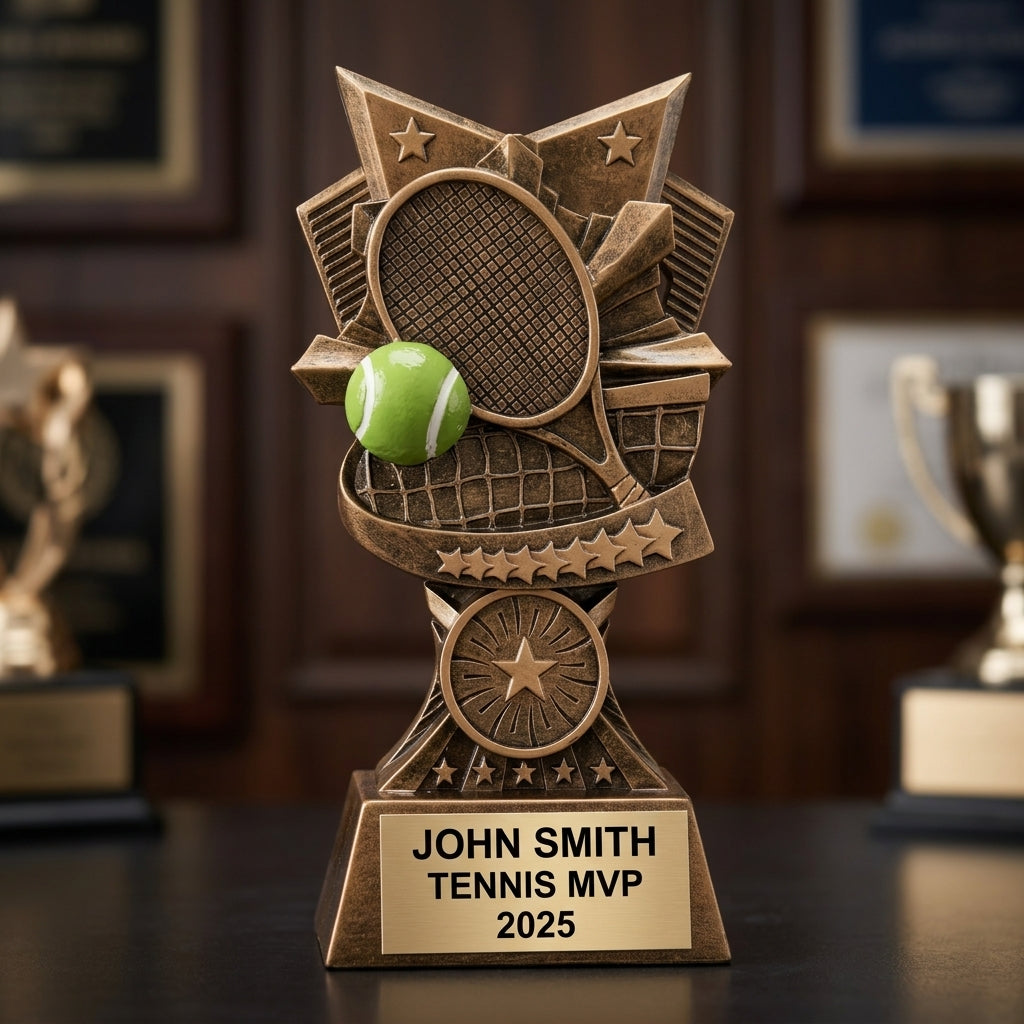 Tennis trophy banquet display with multiple personalized awards featuring custom laser engraving