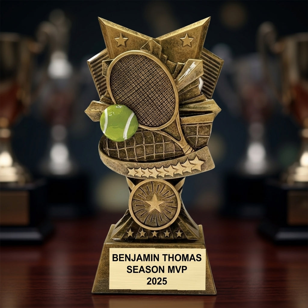 How to order a personalized tennis trophy in 3 easy steps with custom name, team, and year engraving