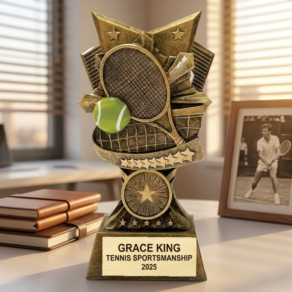 Close-up of laser-engraved gold nameplate on personalized tennis trophy showing custom name, achievement, and year