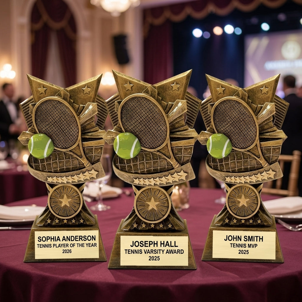 Customer reviews for Wood Unlimited personalized tennis trophies with 5-star ratings and trust badges
