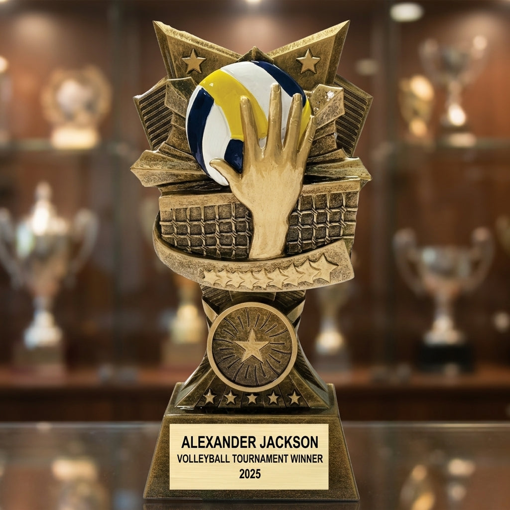 Personalized 6-inch volleyball trophy with custom laser-engraved gold nameplate on weighted base for awards and recognition