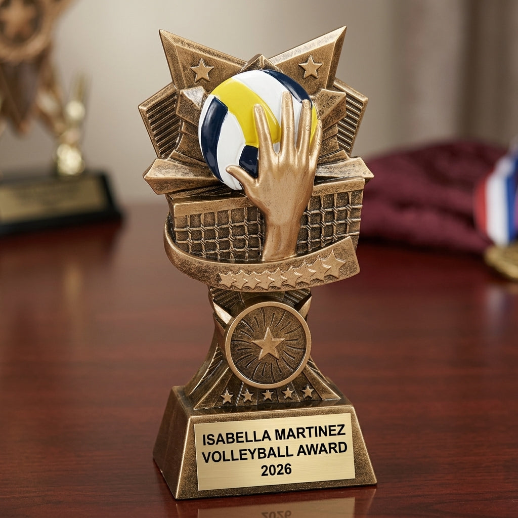 Volleyball trophy specifications showing 6-inch height, gold finish, resin construction, and personalization options
