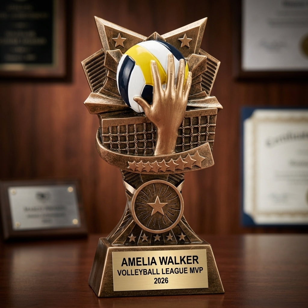 Volleyball trophy banquet display with multiple personalized awards featuring custom laser engraving