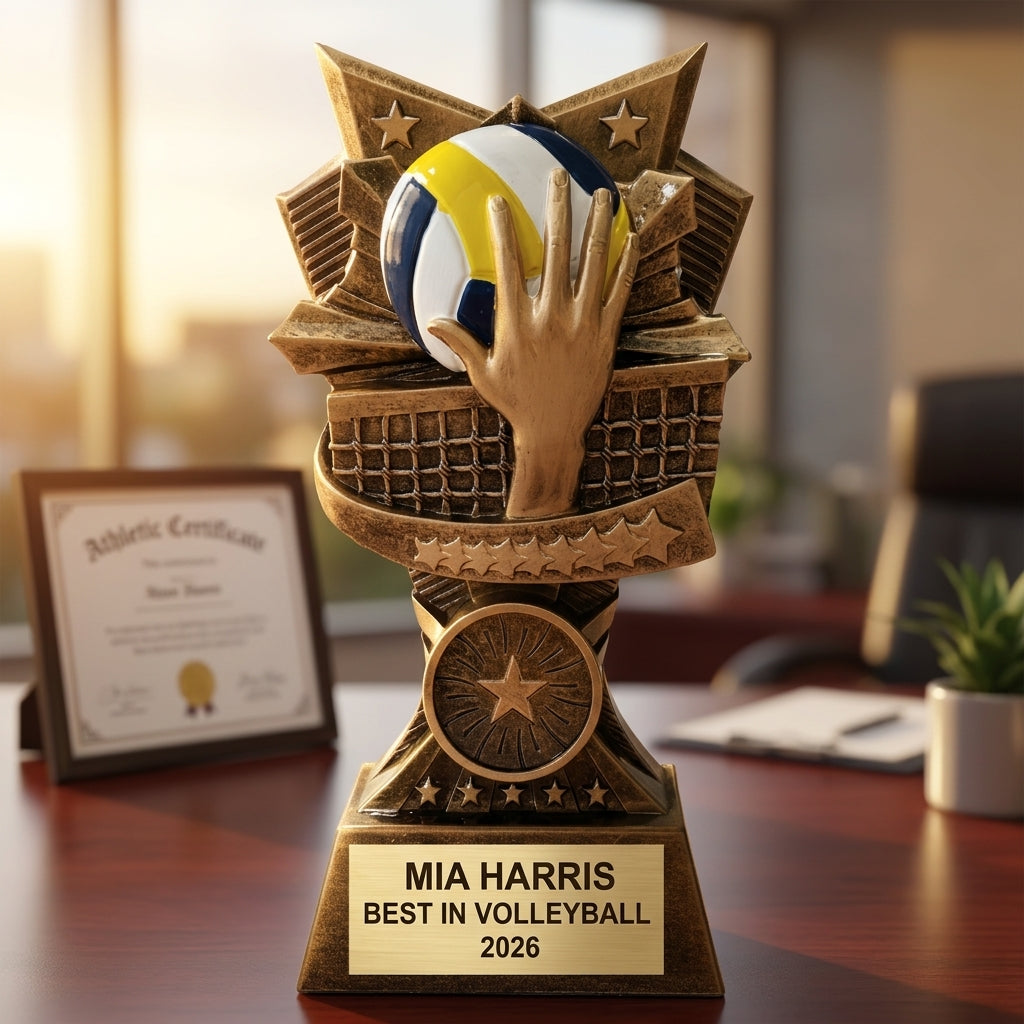 Close-up of laser-engraved gold nameplate on personalized volleyball trophy showing custom name, achievement, and year