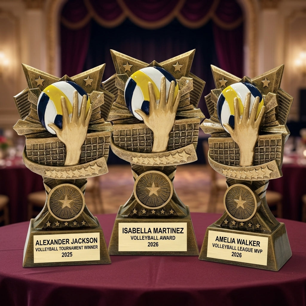 Customer reviews for Wood Unlimited personalized volleyball trophies with 5-star ratings and trust badges