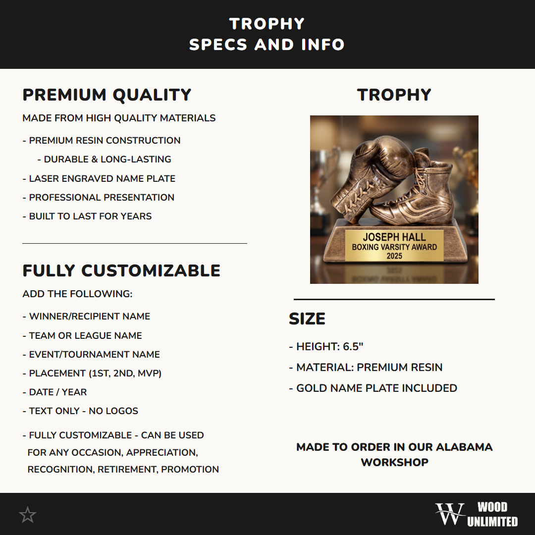 Boxing Award Trophy | Personalized | Custom Engraved | Boxing Glove | Champion | Gift for Boxer | Wood Unlimited