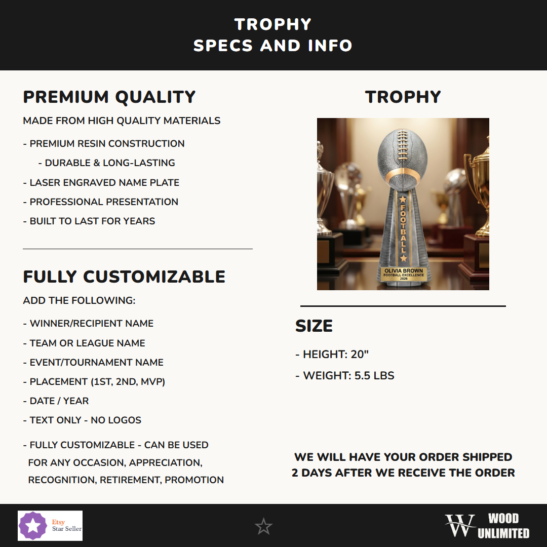 RF146C specs infographic — 20" tall football tower trophy