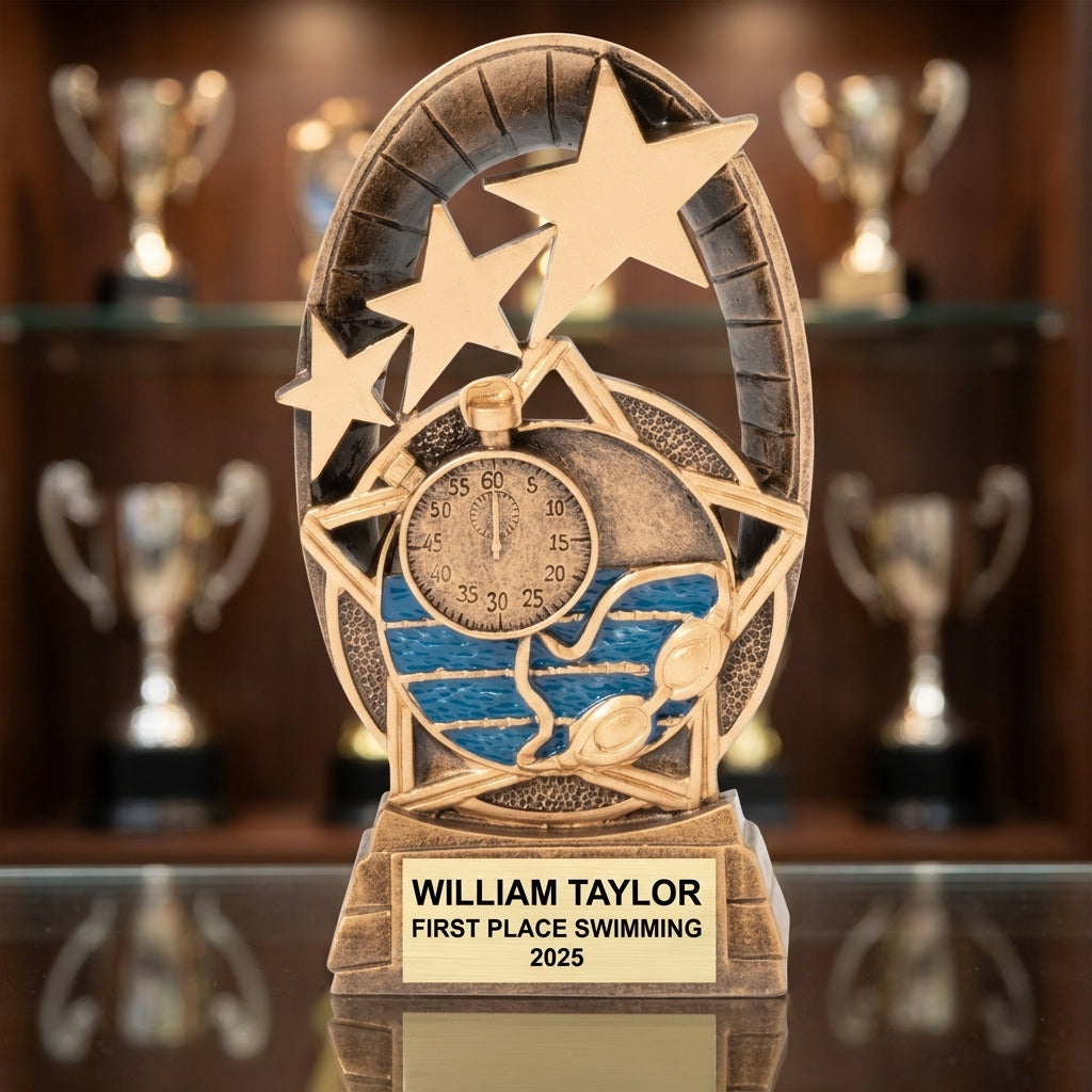 Personalized 5.5-inch swimming trophy with custom laser-engraved gold nameplate on weighted base for awards and recognition