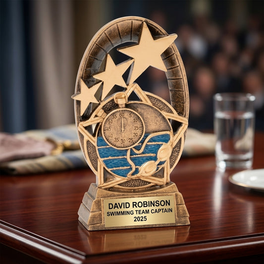 Swimming trophy specifications showing 5.5-inch height, gold finish, resin construction, and personalization options