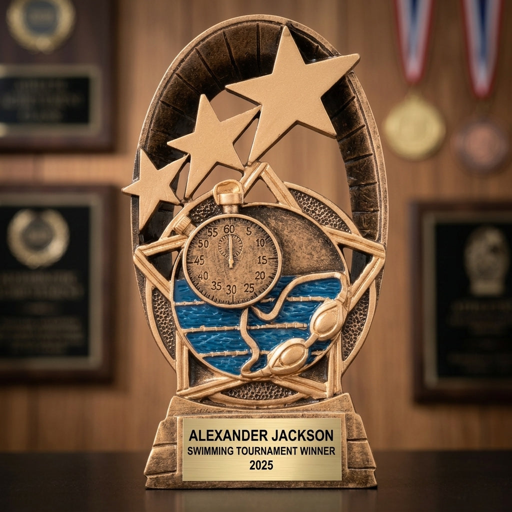 Swimming trophy banquet display with multiple personalized awards featuring custom laser engraving