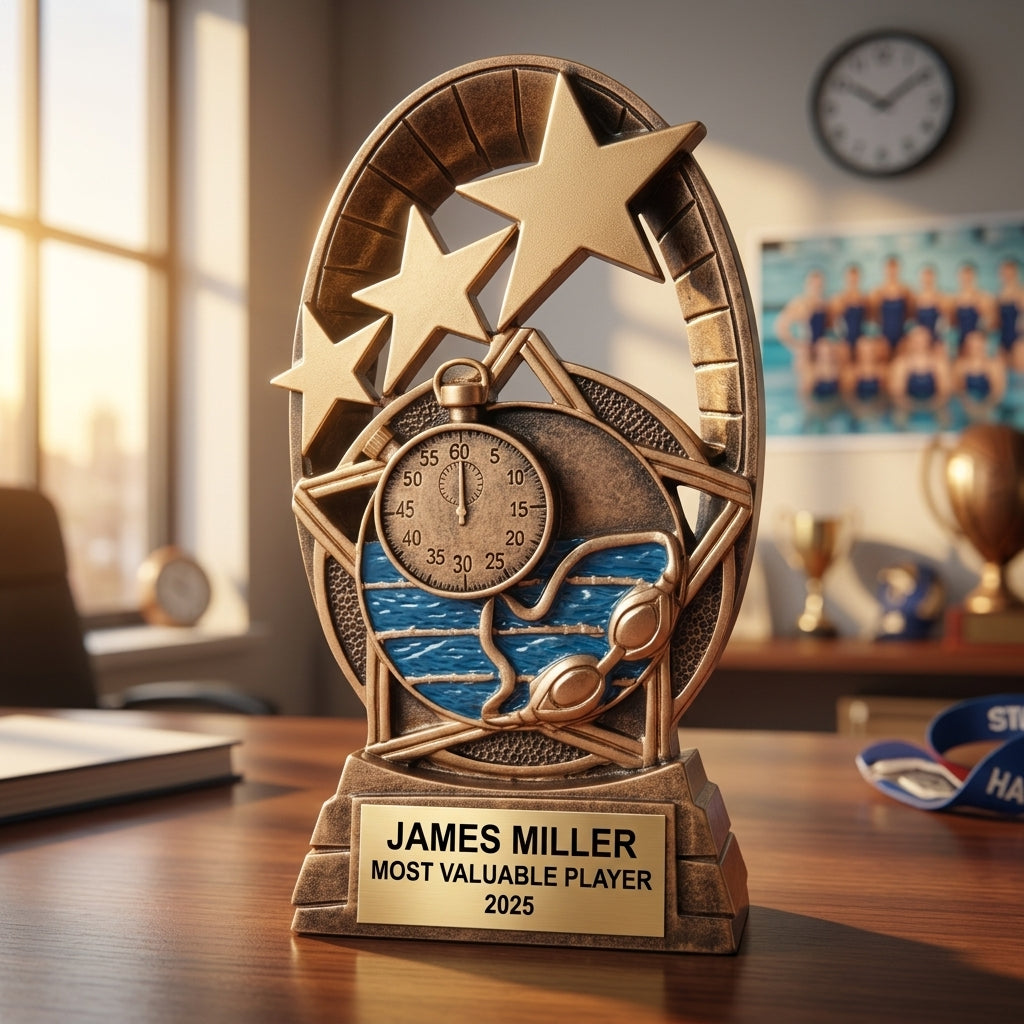 Close-up of laser-engraved gold nameplate on personalized swimming trophy showing custom name, achievement, and year