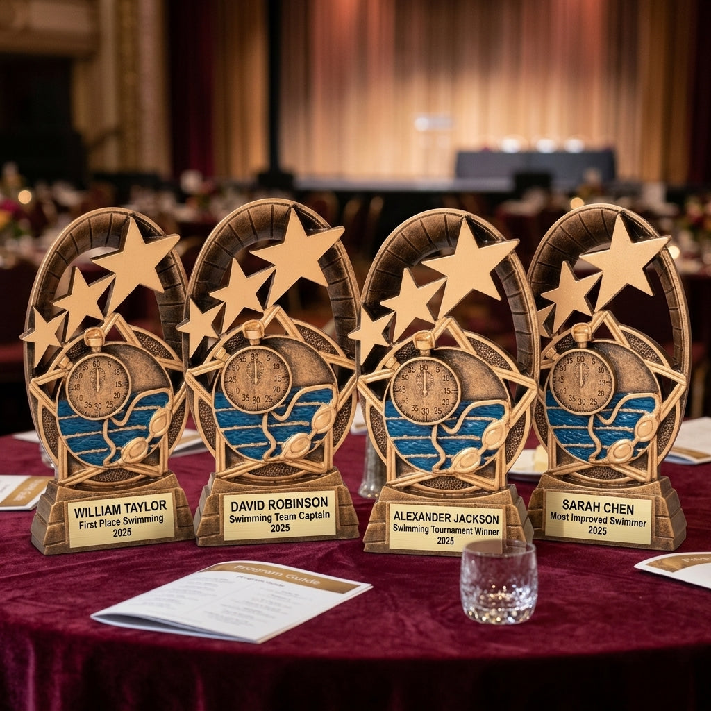 Customer reviews for Wood Unlimited personalized swimming trophies with 5-star ratings and trust badges