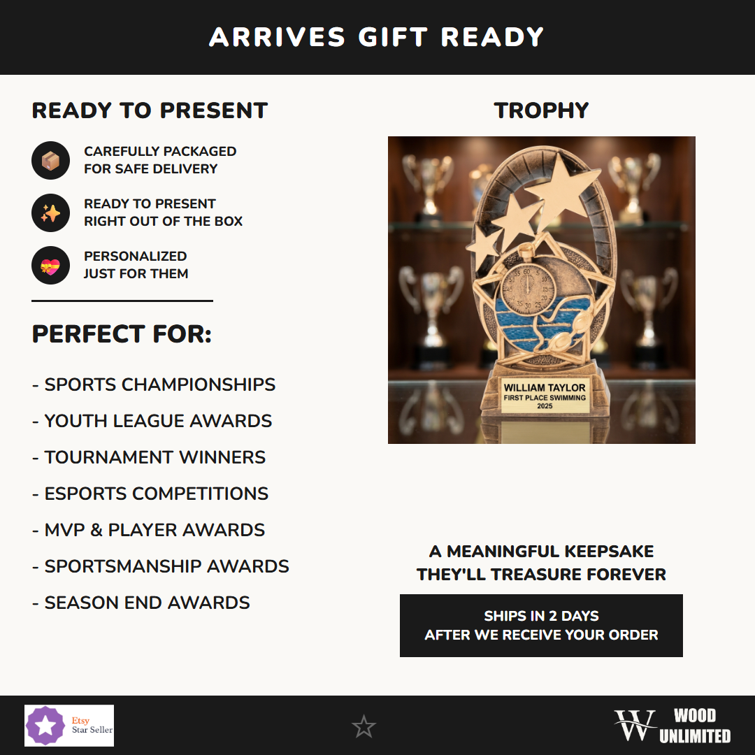 Personalized swimming trophy ideal for tournament champions, MVP recognition, and school athletics