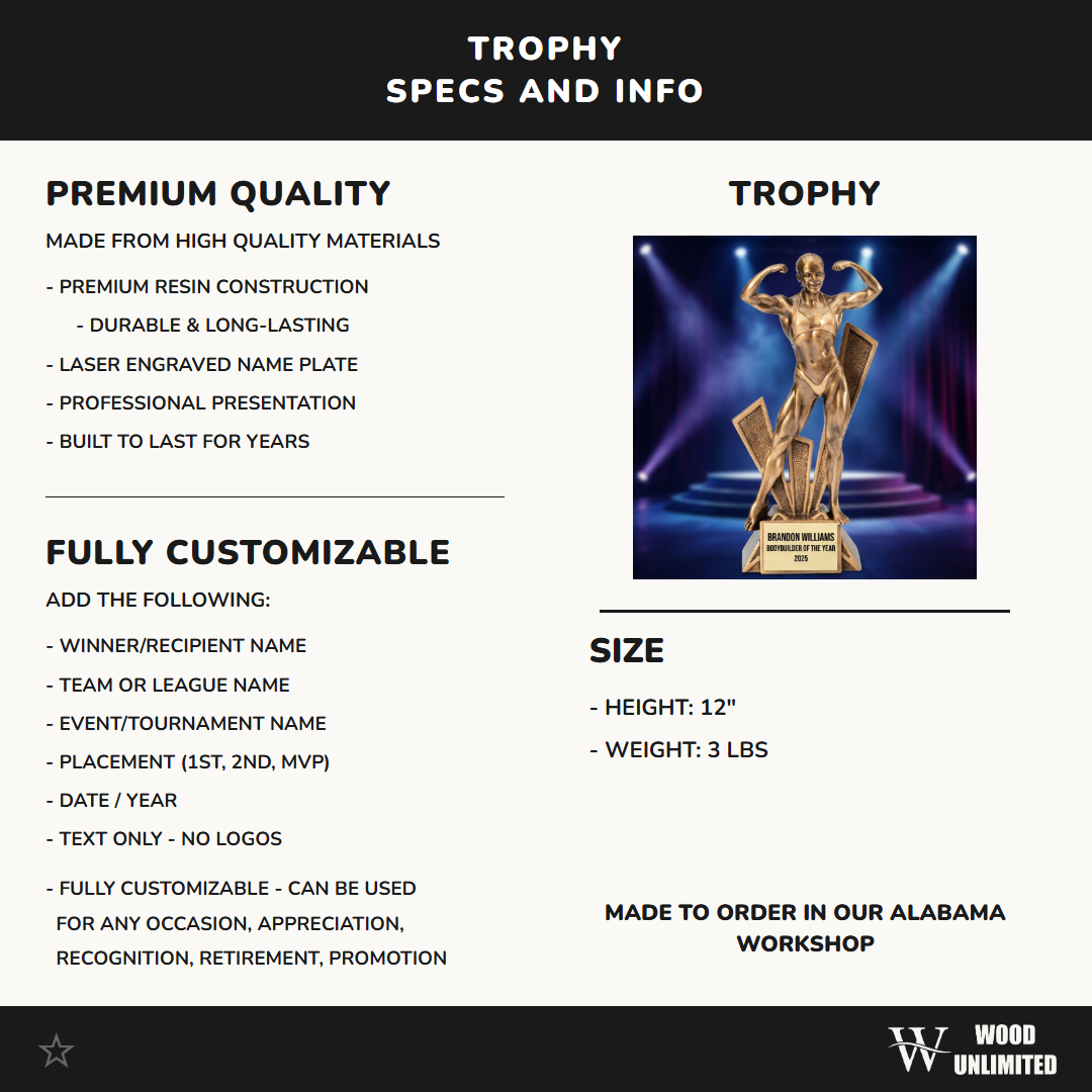 Personalized | Bodybuilding Award | Custom Engraved | Female Bodybuilding Trophy | Fitness Competition Award | Women's Physique