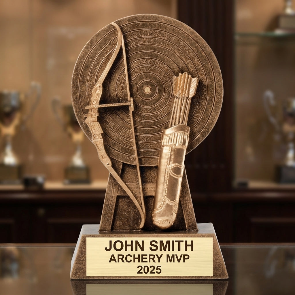 Personalized 6-inch archery trophy with custom laser-engraved gold nameplate on weighted base for awards and recognition