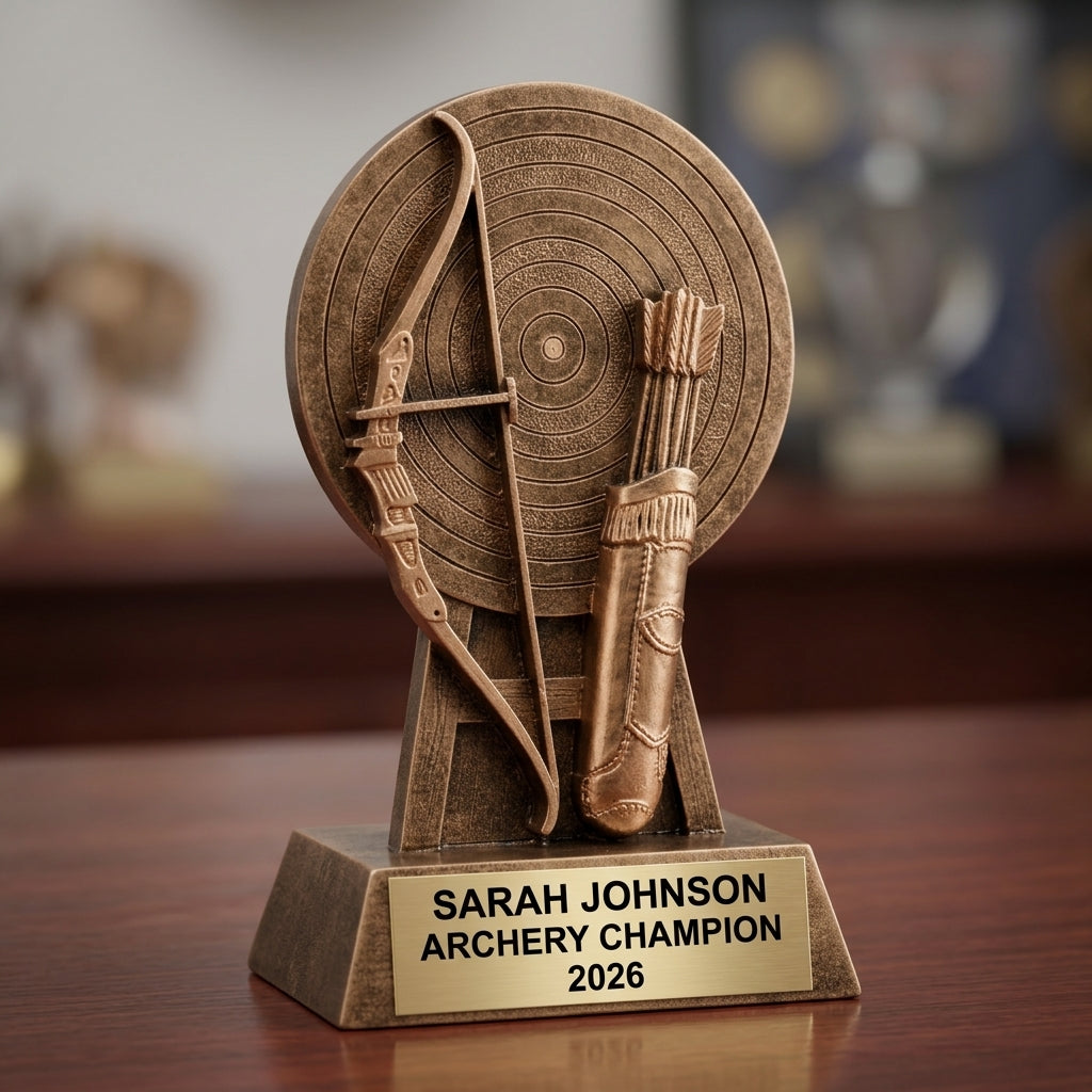 Archery trophy specifications showing 6-inch height, gold finish, resin construction, and personalization options