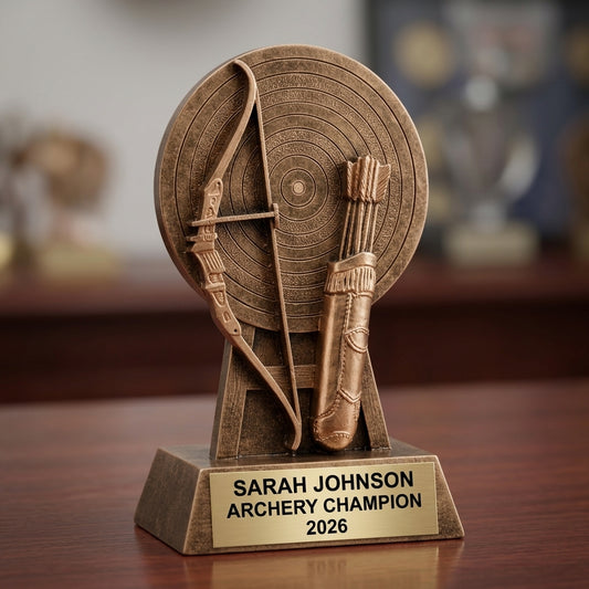 Archery trophy specifications showing 6-inch height, gold finish, resin construction, and personalization options