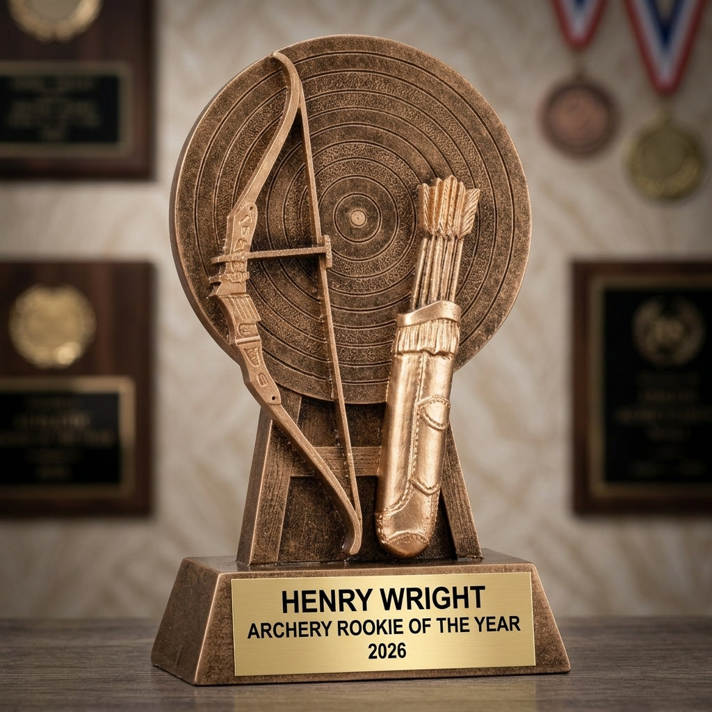 Archery trophy banquet display with multiple personalized awards featuring custom laser engraving