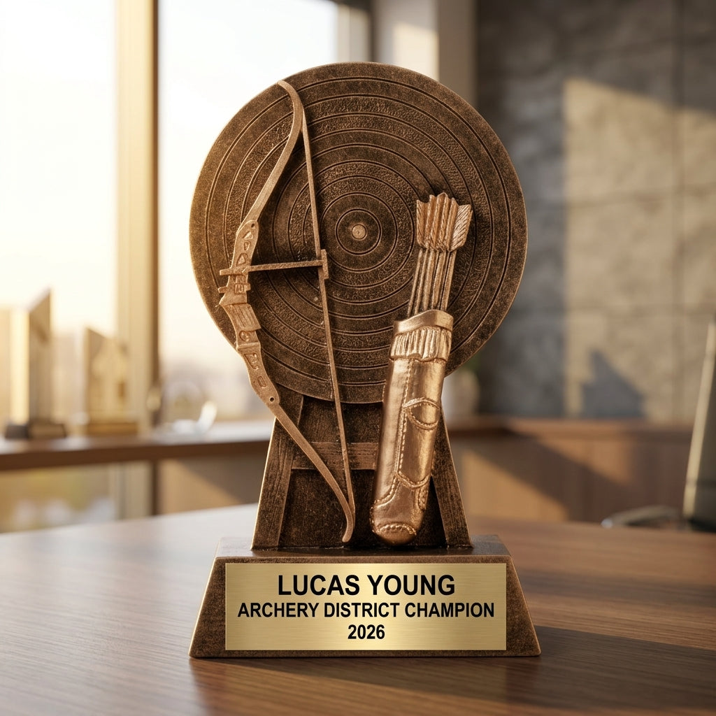Close-up of laser-engraved gold nameplate on personalized archery trophy showing custom name, achievement, and year
