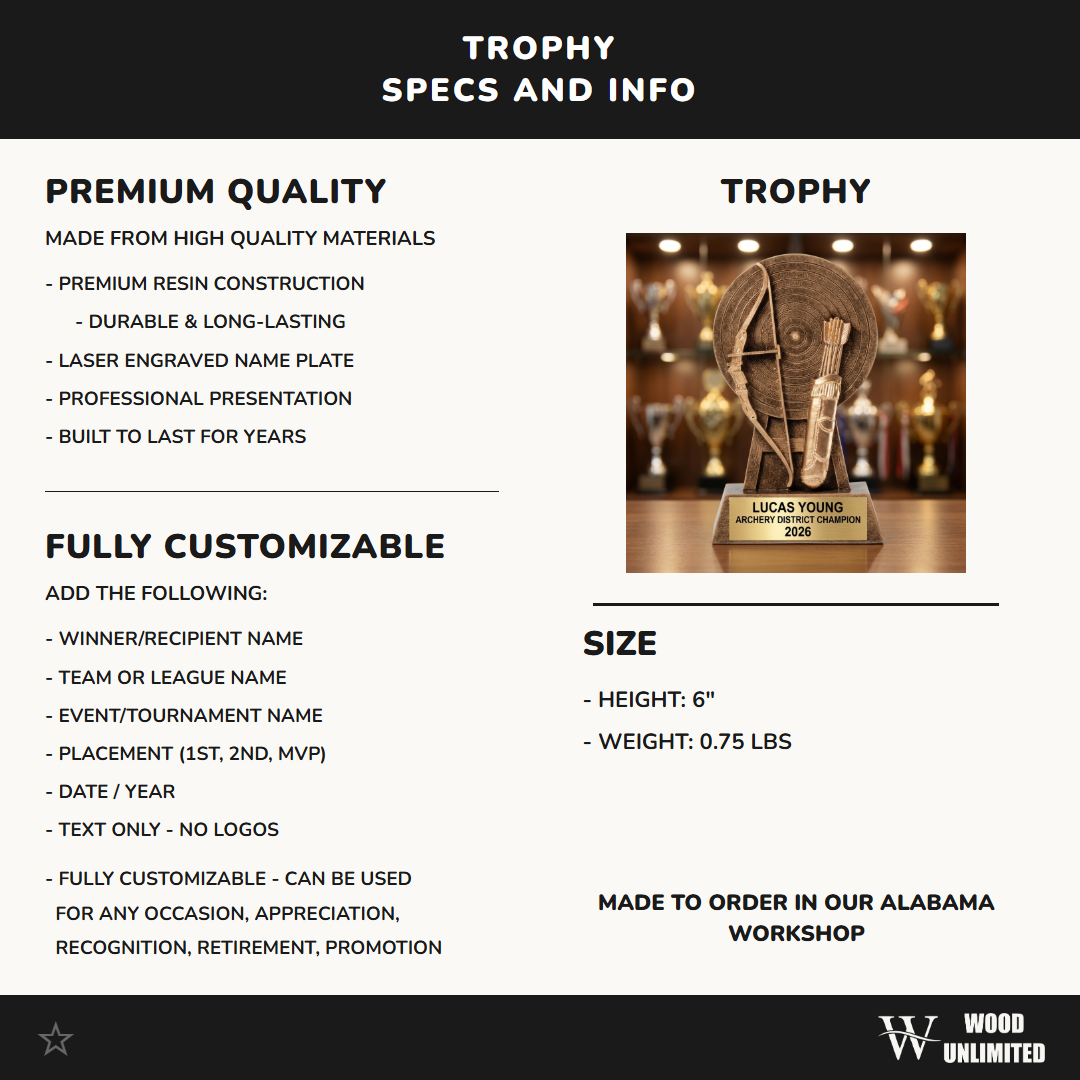 Archery Award Trophy | Personalized | Custom Engraved | 6" Resin | Tournament Champion | Bowhunter | Gift for Archer