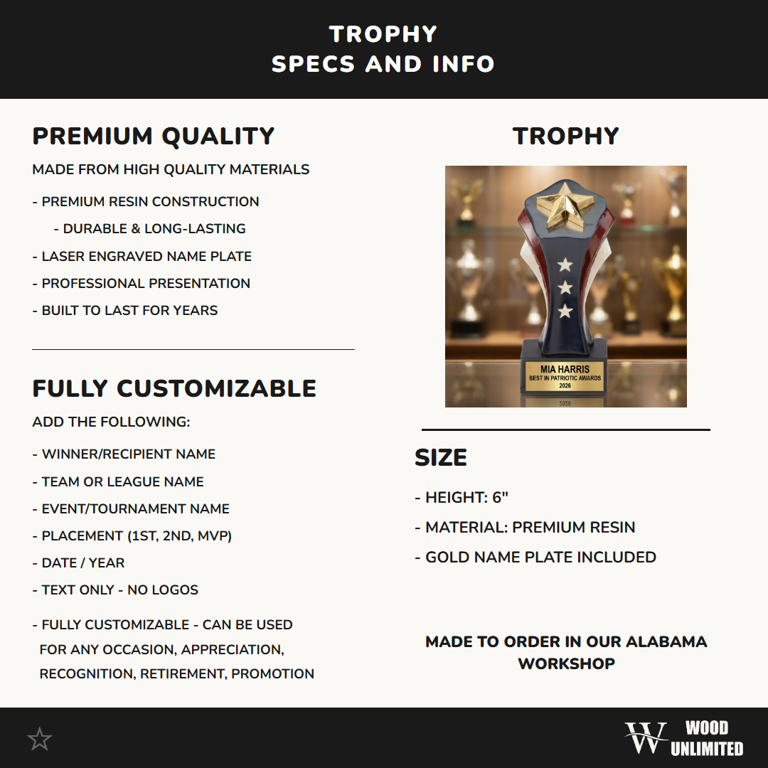 Patriotic Star Award - Personalized Trophy - Custom Engraved Gold Star USA - Excellence Recognition
