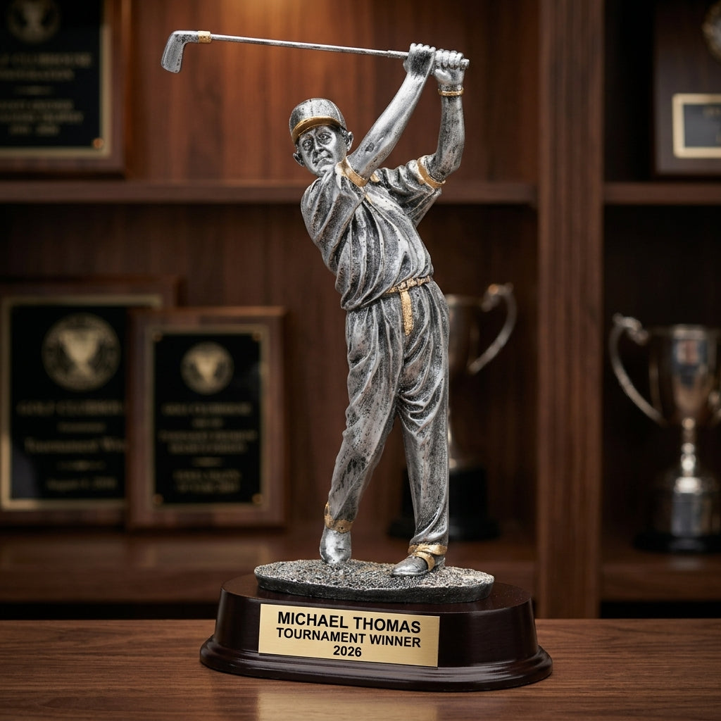 Golf Award Trophy | Personalized | Custom Engraved | Golfer with Cap | Champion Trophy | Golf Tournament Gift | Hole in One - View 1