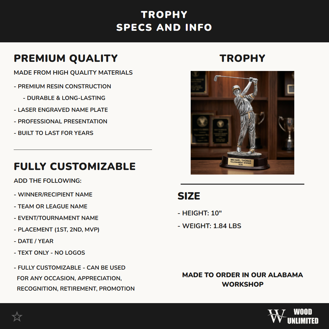 Golf Award Trophy | Personalized | Custom Engraved | Golfer with Cap | Champion Trophy | Golf Tournament Gift | Hole in One