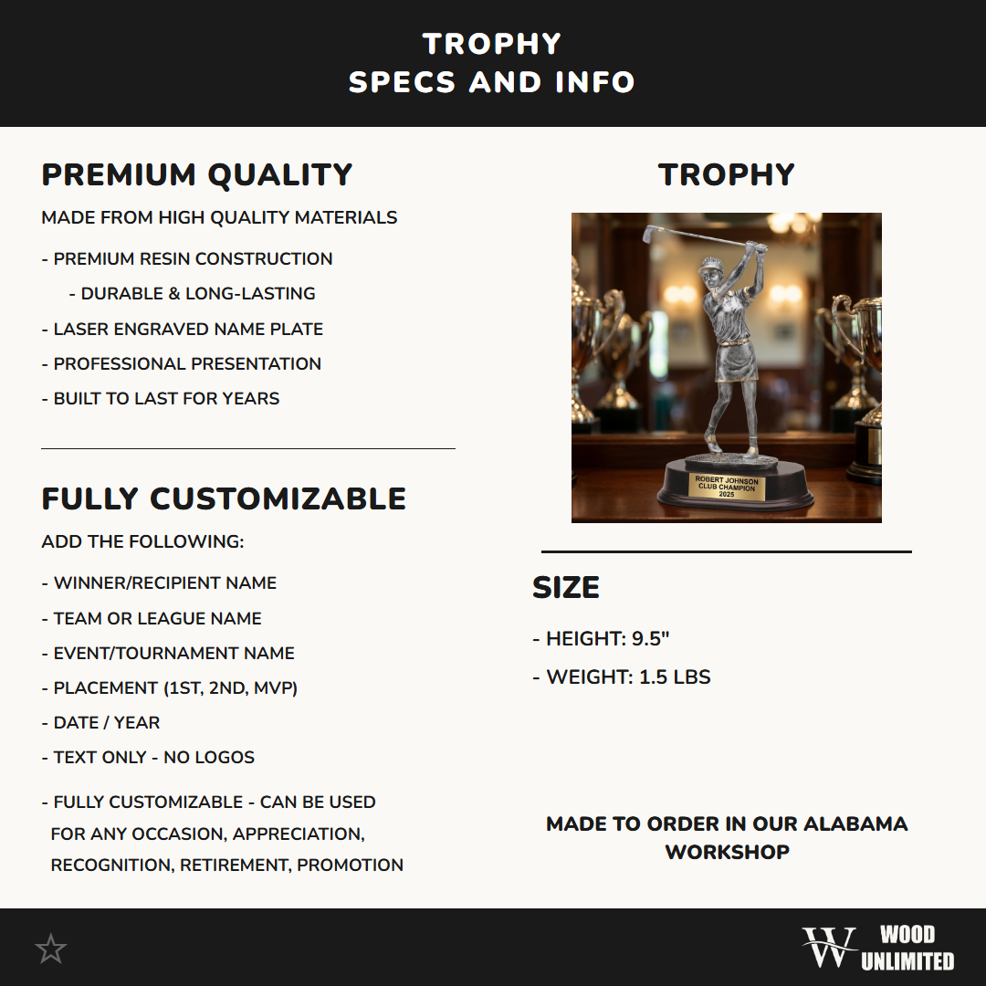 Golf Award Trophy | Personalized | Custom Engraved | Golfer With Cap | Unique Golf Gift