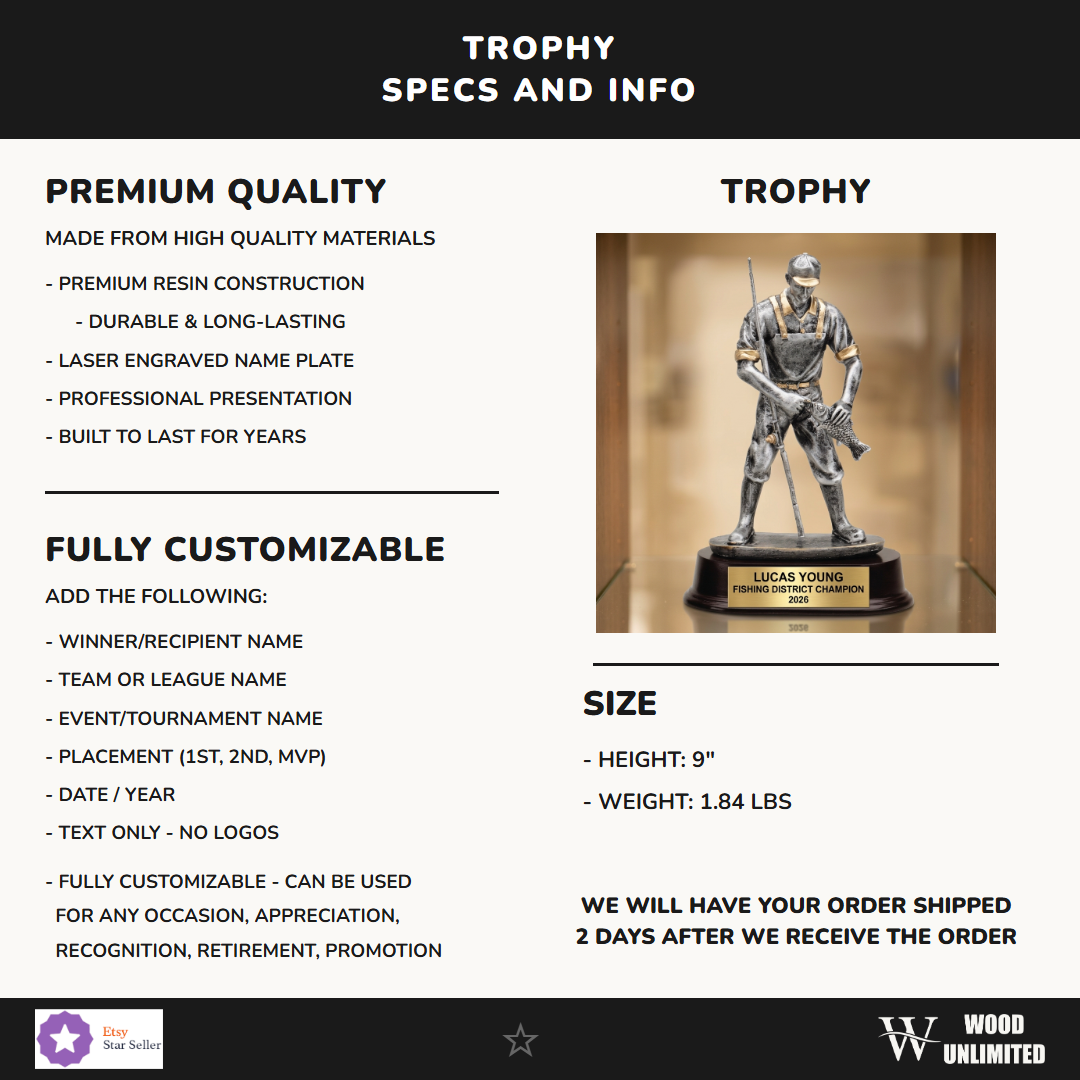 Fishing Trophy Award | Personalized Fisherman Award | Custom Engraved Fishing Gift | Fishing Tournament Trophy | Engraved Name Plate