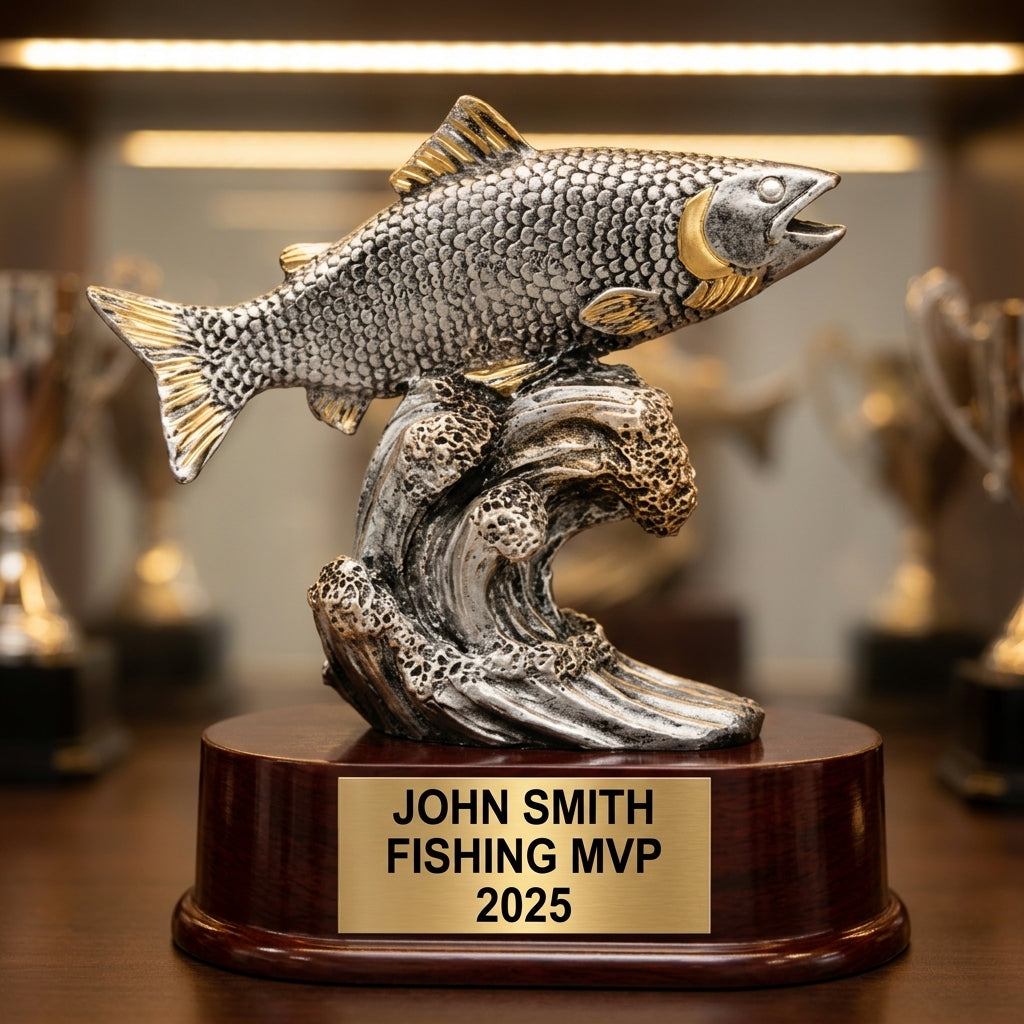 Personalized 6-inch fishing trophy with custom laser-engraved gold nameplate on weighted base for awards and recognition