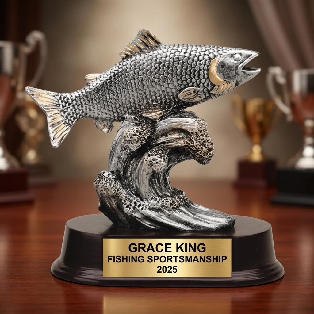 Fishing trophy specifications showing 6-inch height, gold finish, resin construction, and personalization options