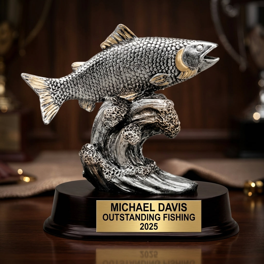 Fishing trophy banquet display with multiple personalized awards featuring custom laser engraving