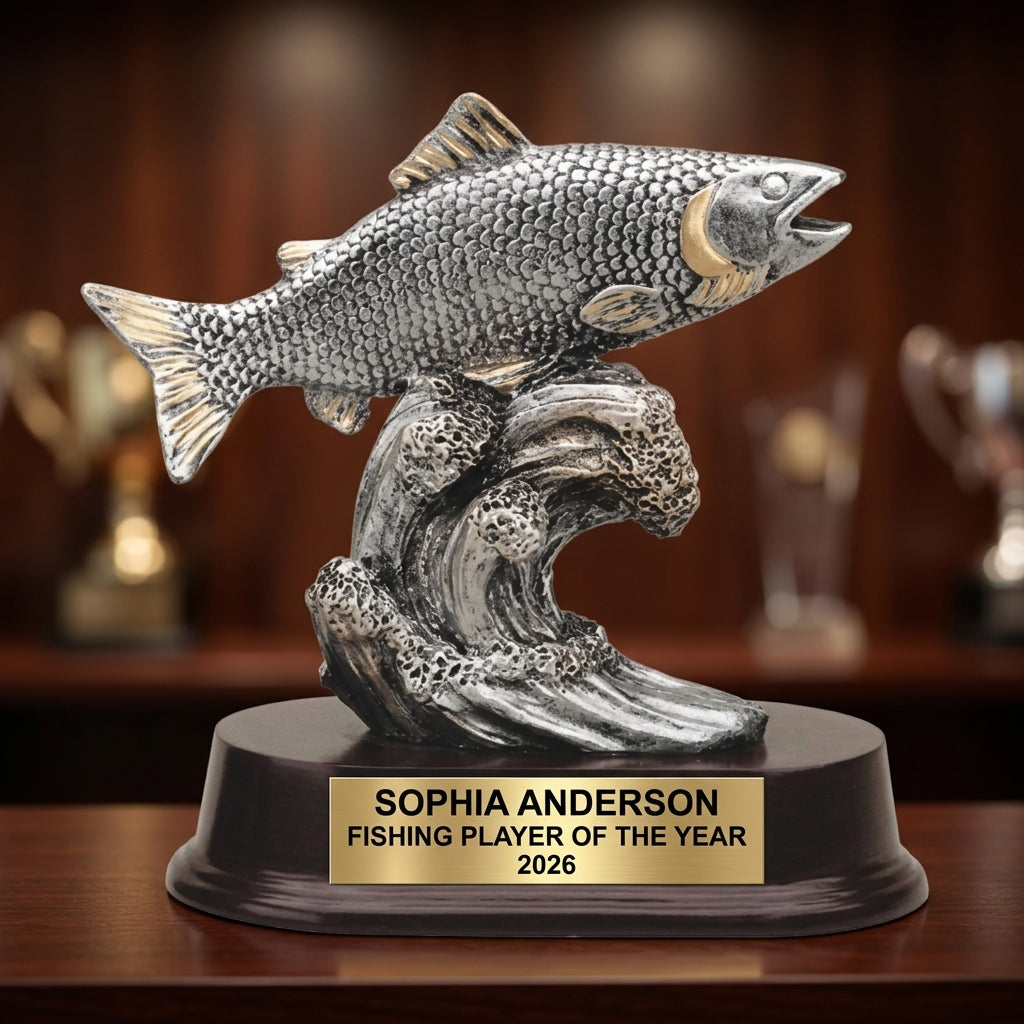 How to order a personalized fishing trophy in 3 easy steps with custom name, team, and year engraving